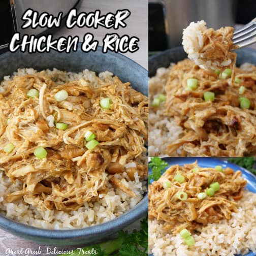A three collage photo of chicken and rice that has been slow cooked.
