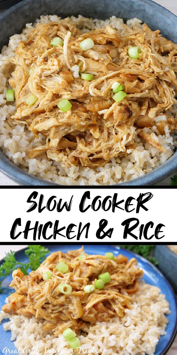 A double collage photo of shredded chicken and rice.