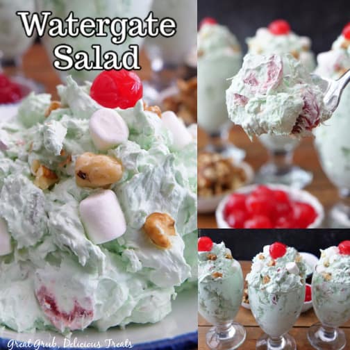 A three photo collage showing Watergate salad .