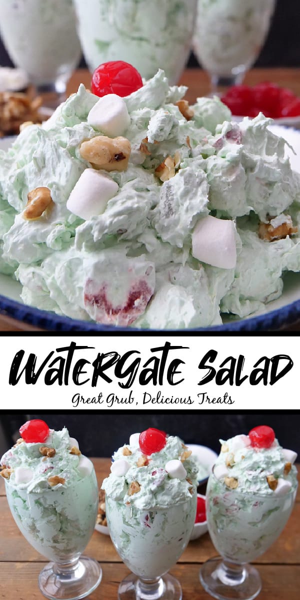 A double collage photo of Watergate salad in a white bowl with blue trim.