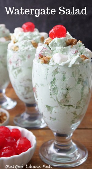 Watergate salad in tall individual glasses.