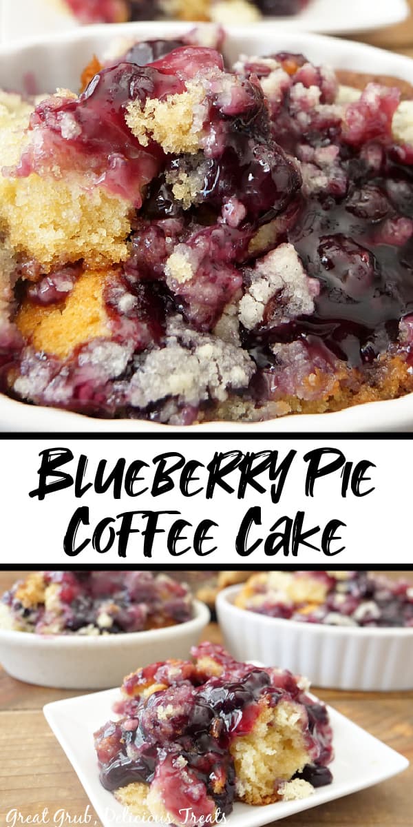 A double collage photo of blueberry coffee cake in a white bowl.
