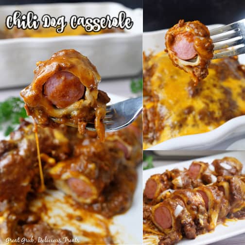 A three photo collage of chili cheese dog casserole.