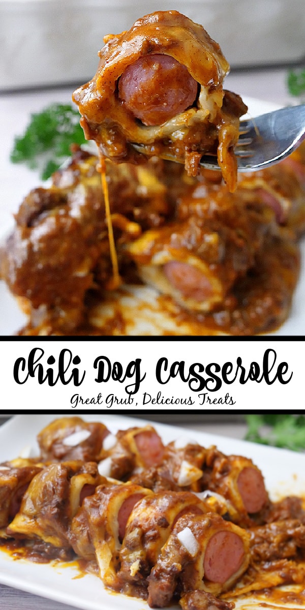 A double collage photo of chili cheese dog casserole.