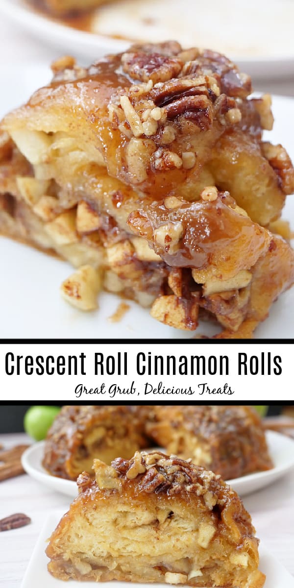 A double collage photo of a bundt pan crescent roll cinnamon roll recipe.
