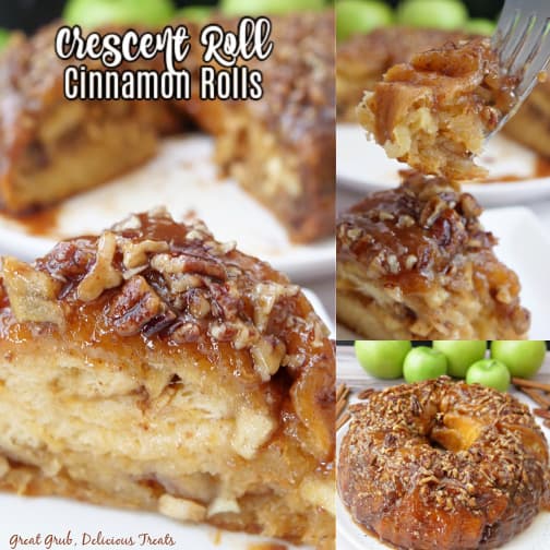 A three collage photo of cinnamon rolls made out of crescent roll dough and baked in a Bundt pan.
