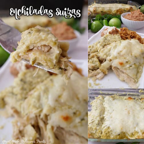 A three photo collage of enchiladas Suizas on a white plate.