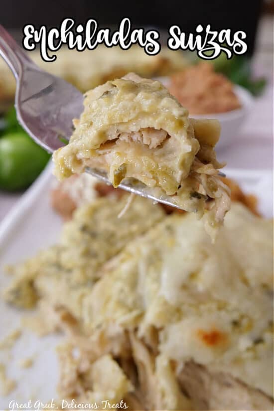 A close up photo of a bite of chicken enchilada on a fork.
