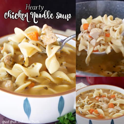 A three collage photo of homemade chicken noodle soup in a white bowl.