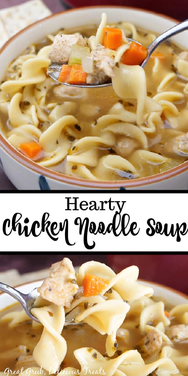 A double collage photo of homemade chicken noodle soup.