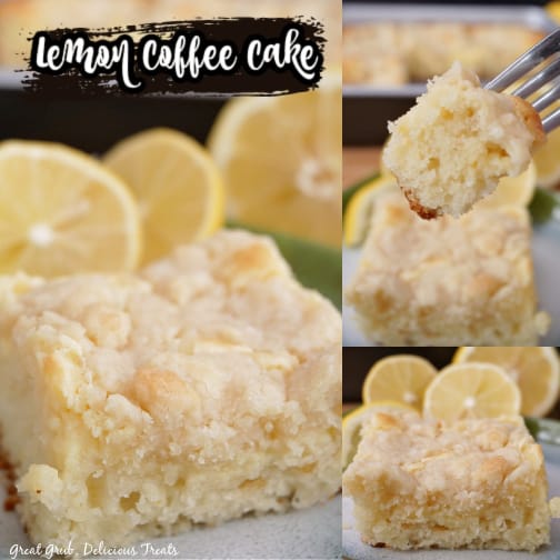 A three collage photo of lemon flavored coffee cake.