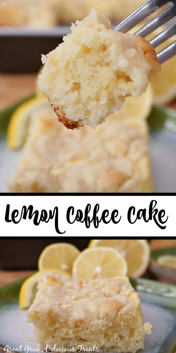 A double collage photo of a piece of lemon coffee cake on a white plate.