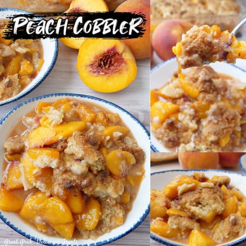 A three collage photo of peach cobbler in a white bowl with blue trim.