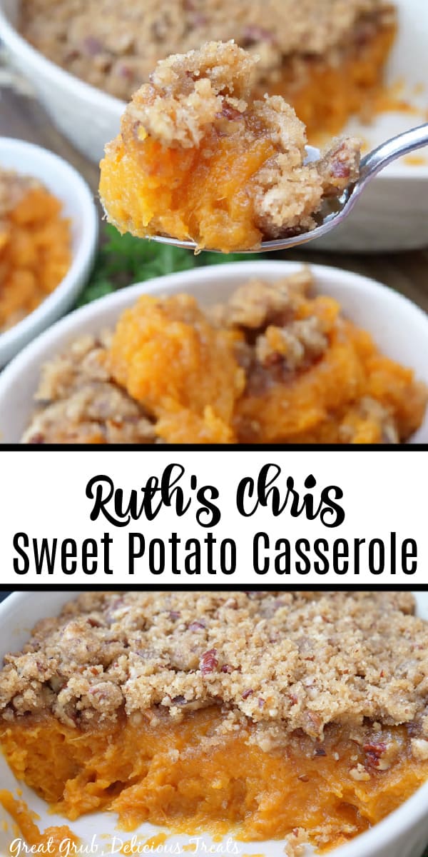 A double collage photo of sweet potato casserole in a white oval baking dish.