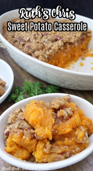 A white baking dish and a white bowl filled with sweet potato casserole.