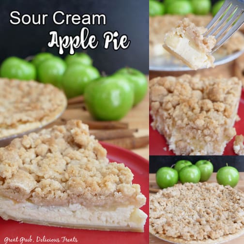 A three collage photo of a sour cream apple pie.