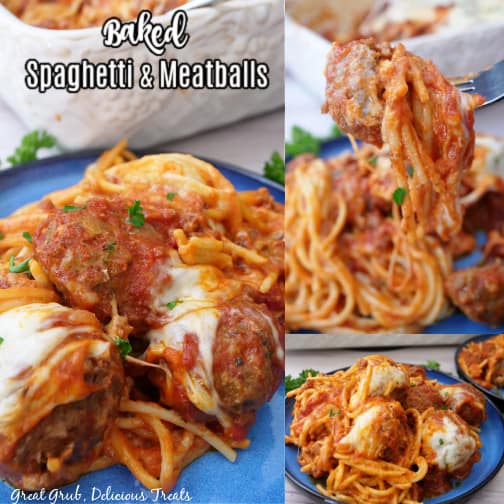 A three collage photo of spaghetti and meatballs.