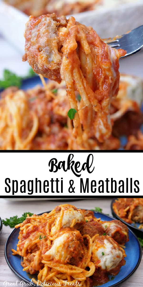 A double collage photo of baked spaghetti and meatballs on a blue round plate.