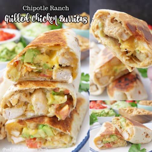 A three photo collage of chipotle ranch grilled chicken burritos on a white plate with blue trim.