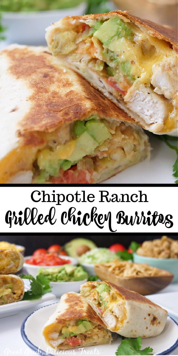 A double photo collage of grilled chicken burritos.