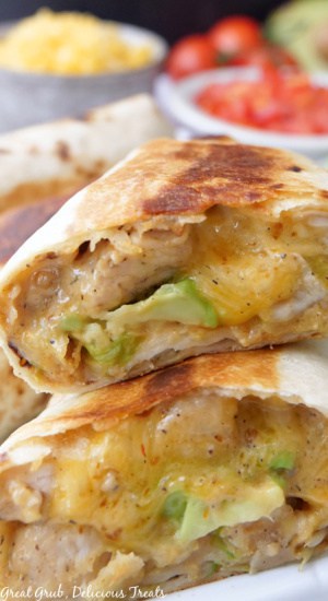 A close up of two grilled chicken burritos.