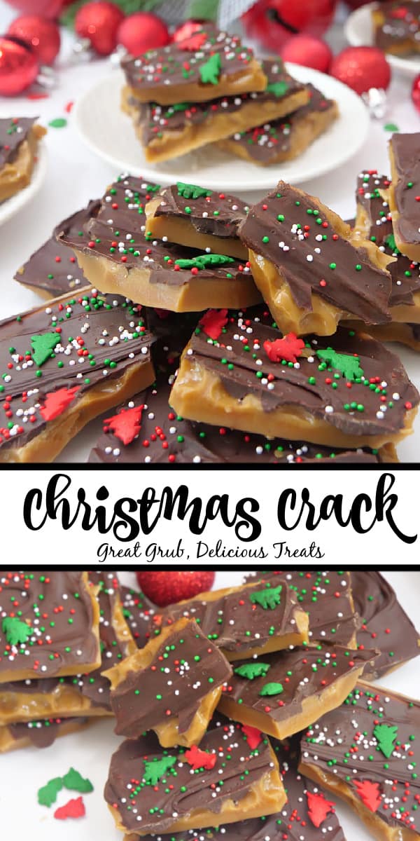 A double collage photo of Christmas crack toffee with chocolate  and candied sprinkles on top.