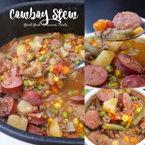 A three photo collage of cowboy stew.