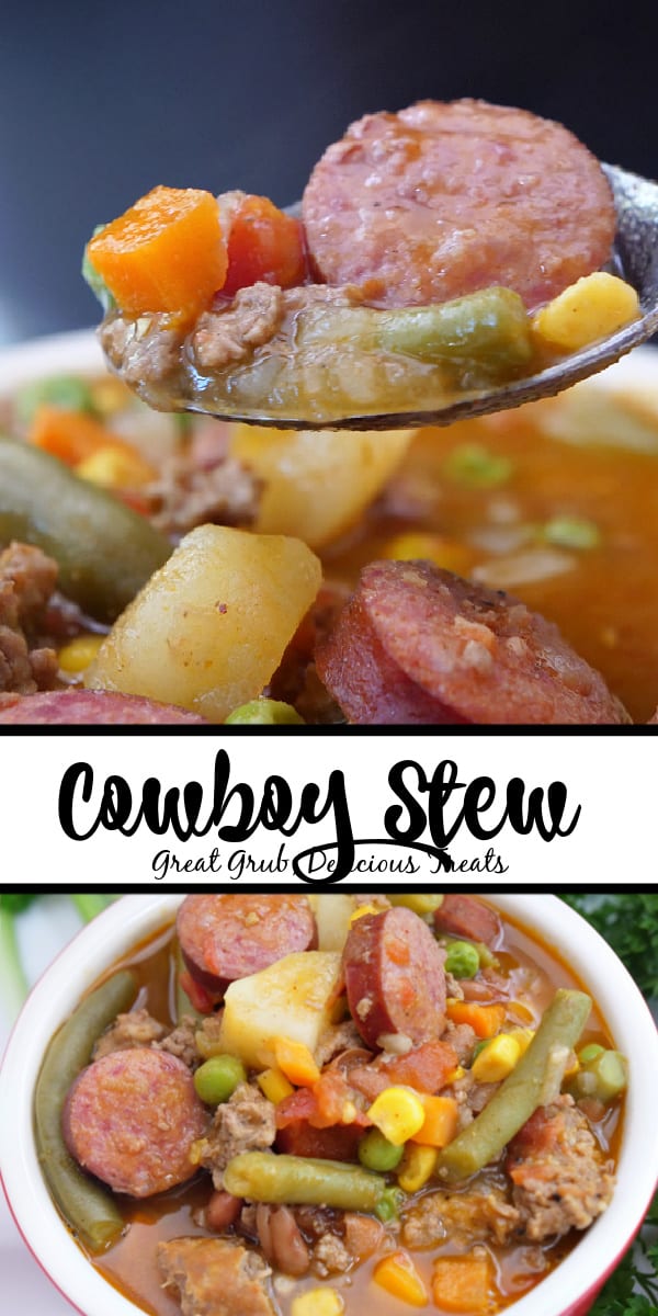 A double collage photo of cowboy stew.