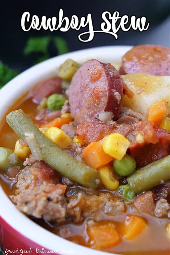 A close up of a red soup bowl filled with cowboy stew.