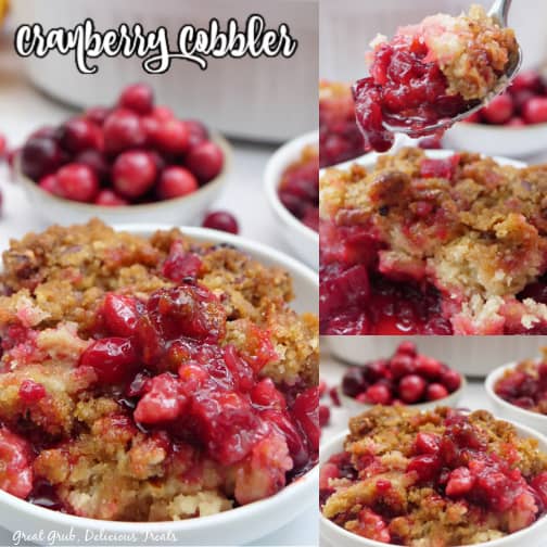 A three photo collage of cranberry cobbler in small white bowls.