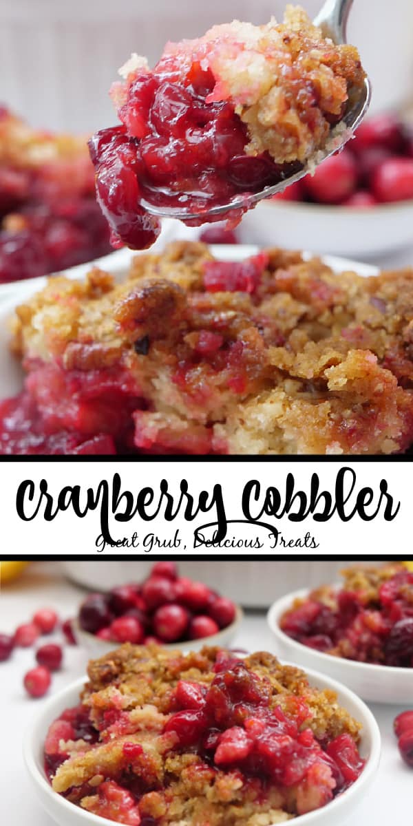 A double photo collage of cranberry cobbler in white bowls.
