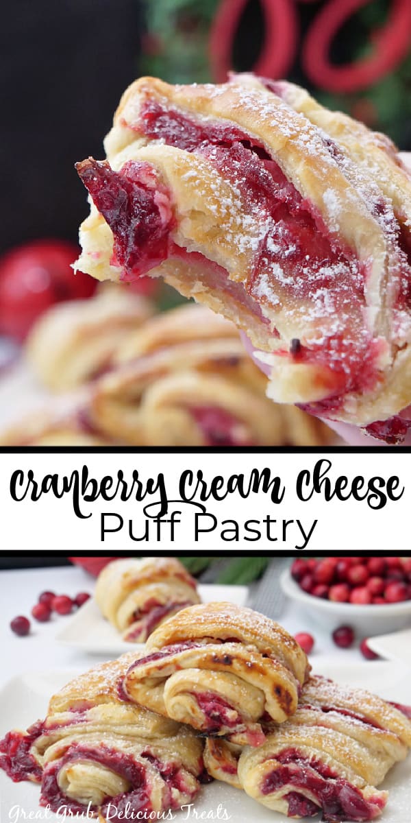 A double collage photo of cranberry puff pastries on a white plate and one with a bite taken out of it.