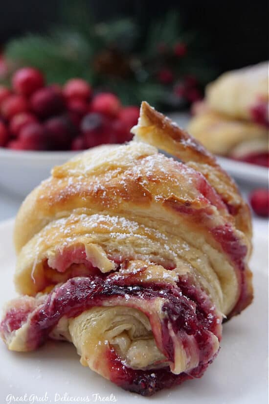 A close up of a cranberry puff pastry on a white plate.