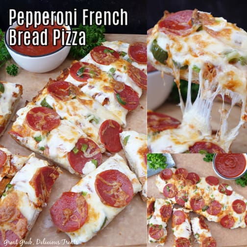 A three photo collage of Pepperoni French Bread Pizza.