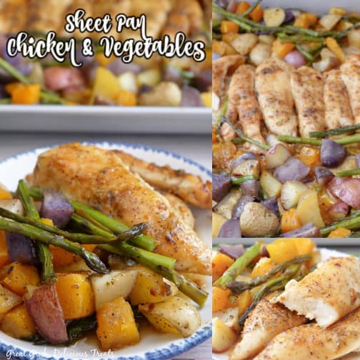 A triple photo collage of chicken and vegetables.
