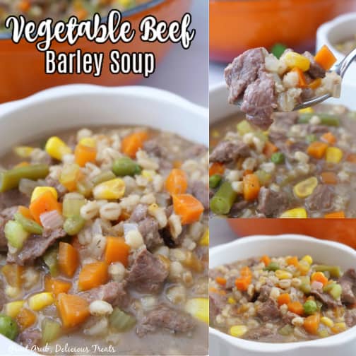 A three photo collage of vegetable beef and barley soup in a white bowl.