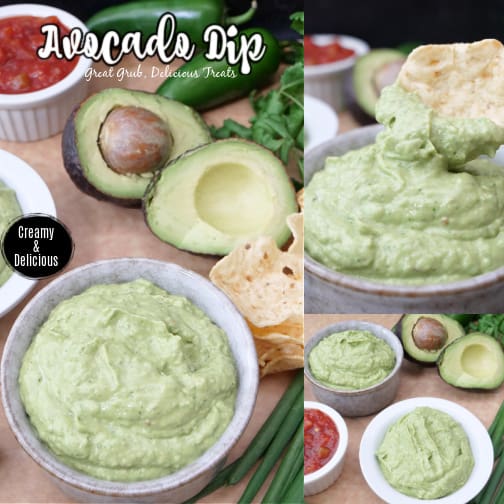 A three photo collage with a grey bowl filled with avocado dip with chips, an avocado and a small white bowl of salsa in the background.