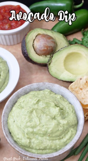 An overhead shot of a small grey bowl filled with avocado dip.