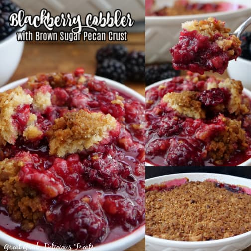 A three collage photo of blackberry cobbler.