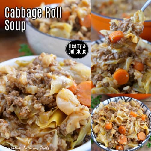 A three collage photo of cabbage roll soup.