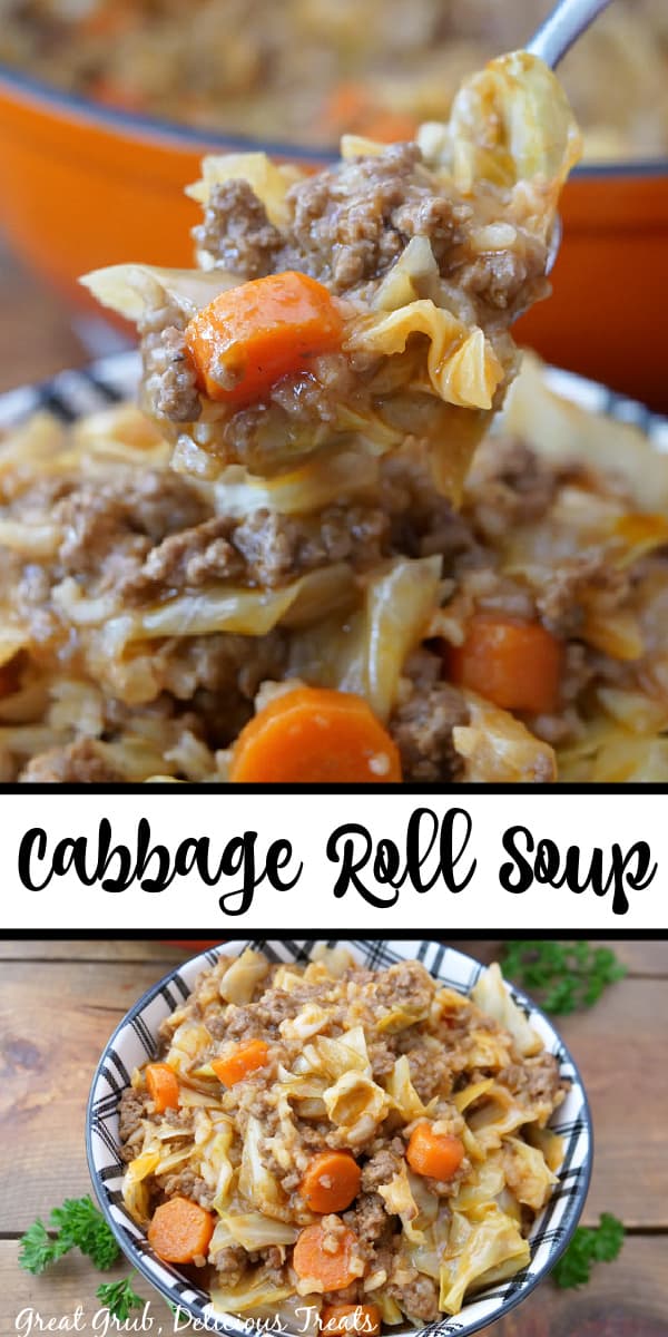 A double collage photo of cabbage roll soup.