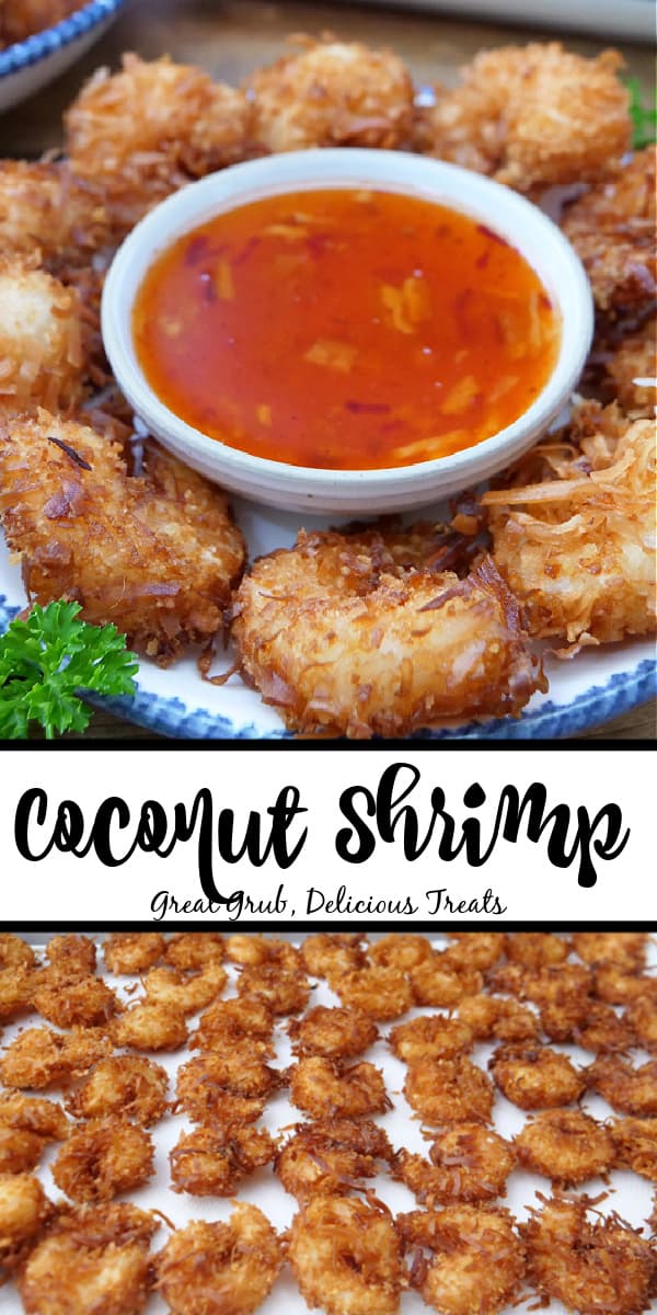 A double collage photo of coconut shrimp.