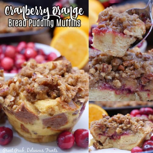 A three collage photo of cranberry orange bread pudding muffins on a white plate.