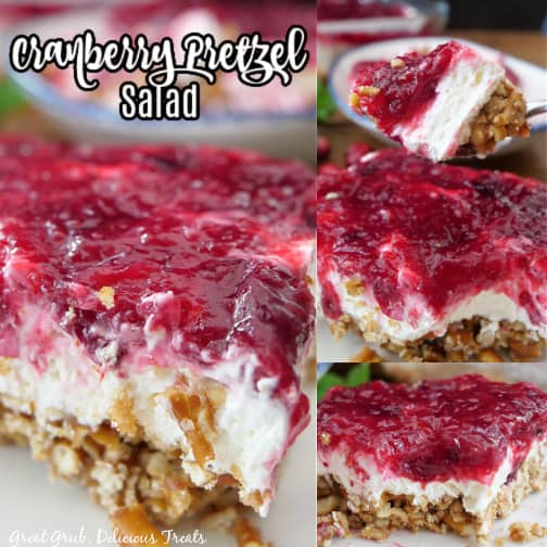A three collage photo of cranberry pretzel dessert on a white plate.
