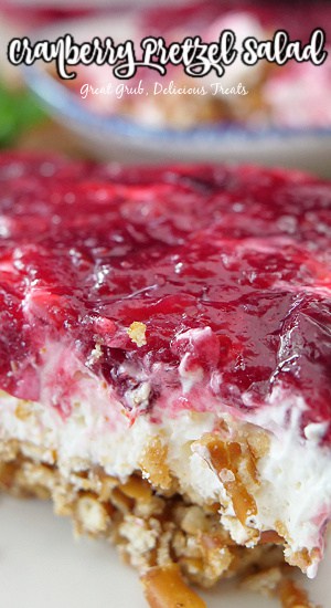 A close up of pretzel salad with fresh cranberries and sweet cream cheese filling.