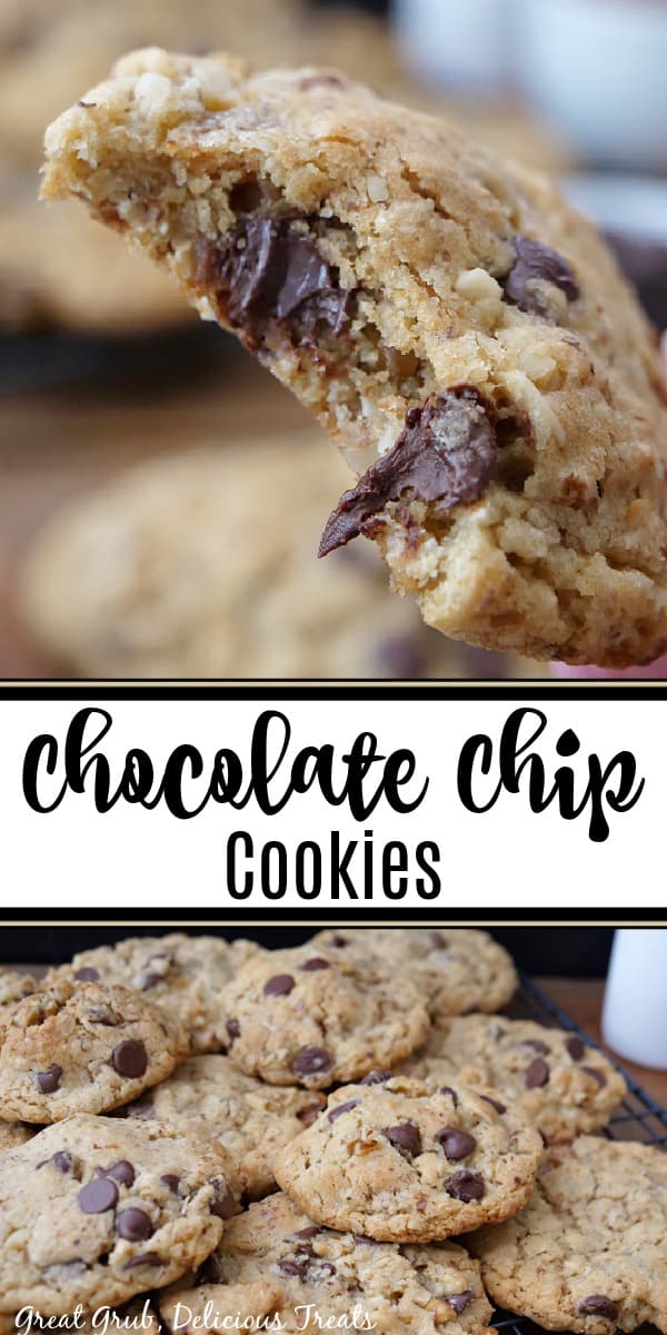 A double collage photo of chocolate chip cookies.