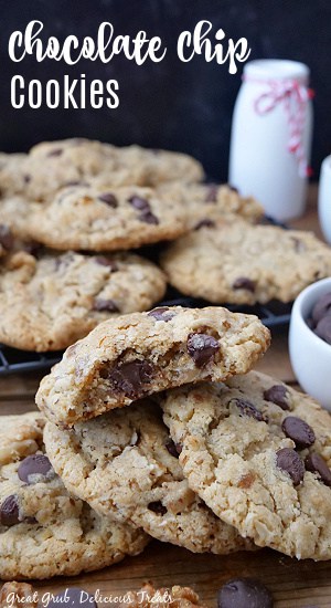 Easy Chocolate chip cookies on a wood surface and on a wire rack.