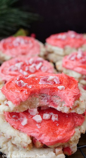 A close up of a small stack of peppermint sugar cookies.