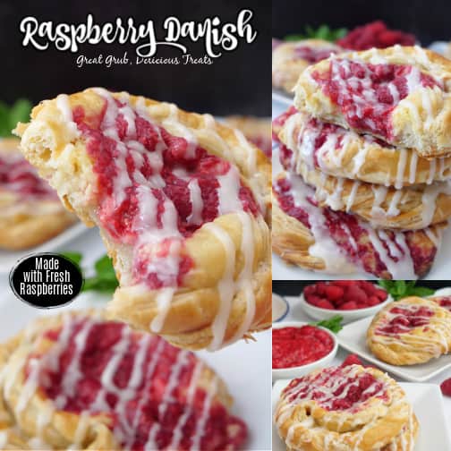 A three photo collage of raspberry Danishes.