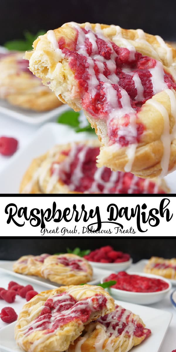 A double collage photo of a few raspberry Danishes on white plates.